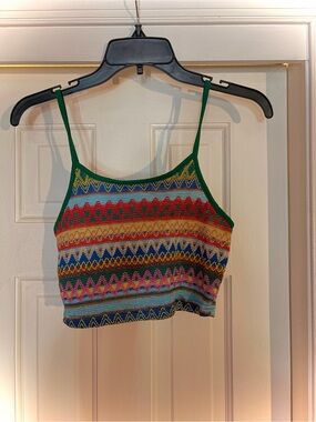 Retro Multicolor Geometric Knit Cami Cropped Tank Top - Size Medium